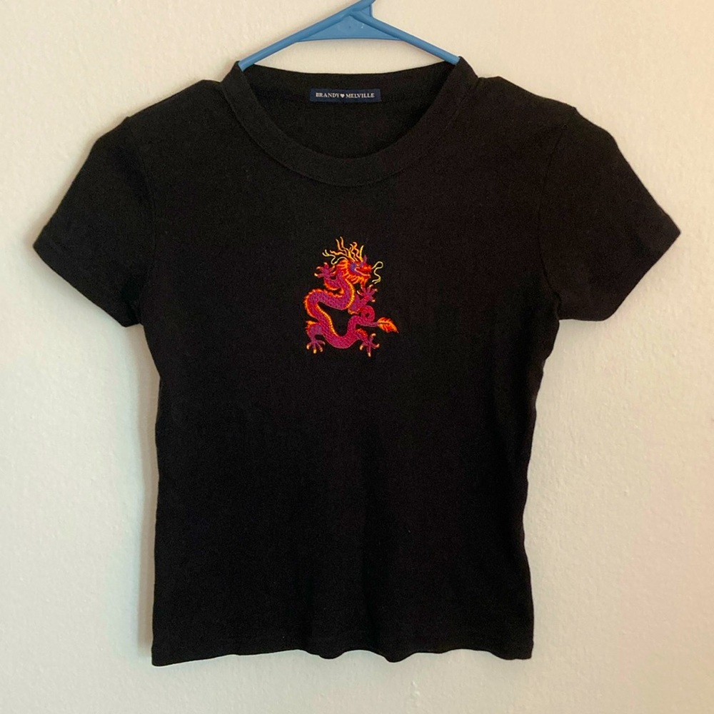Brandy Melville Black Embroidered Patch Dragon Baby Tee OS